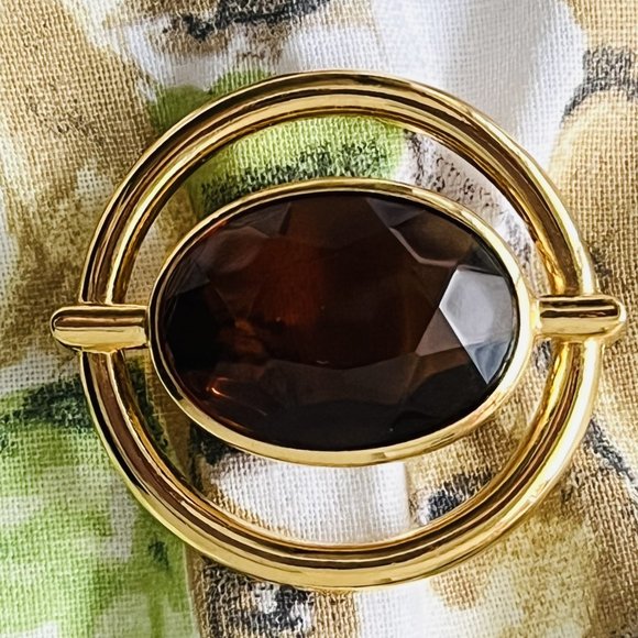 Vintage Luxurious 18K Gold Plated Large Faceted Smoky Topaz Glass Round Brooch - Picture 6 of 7